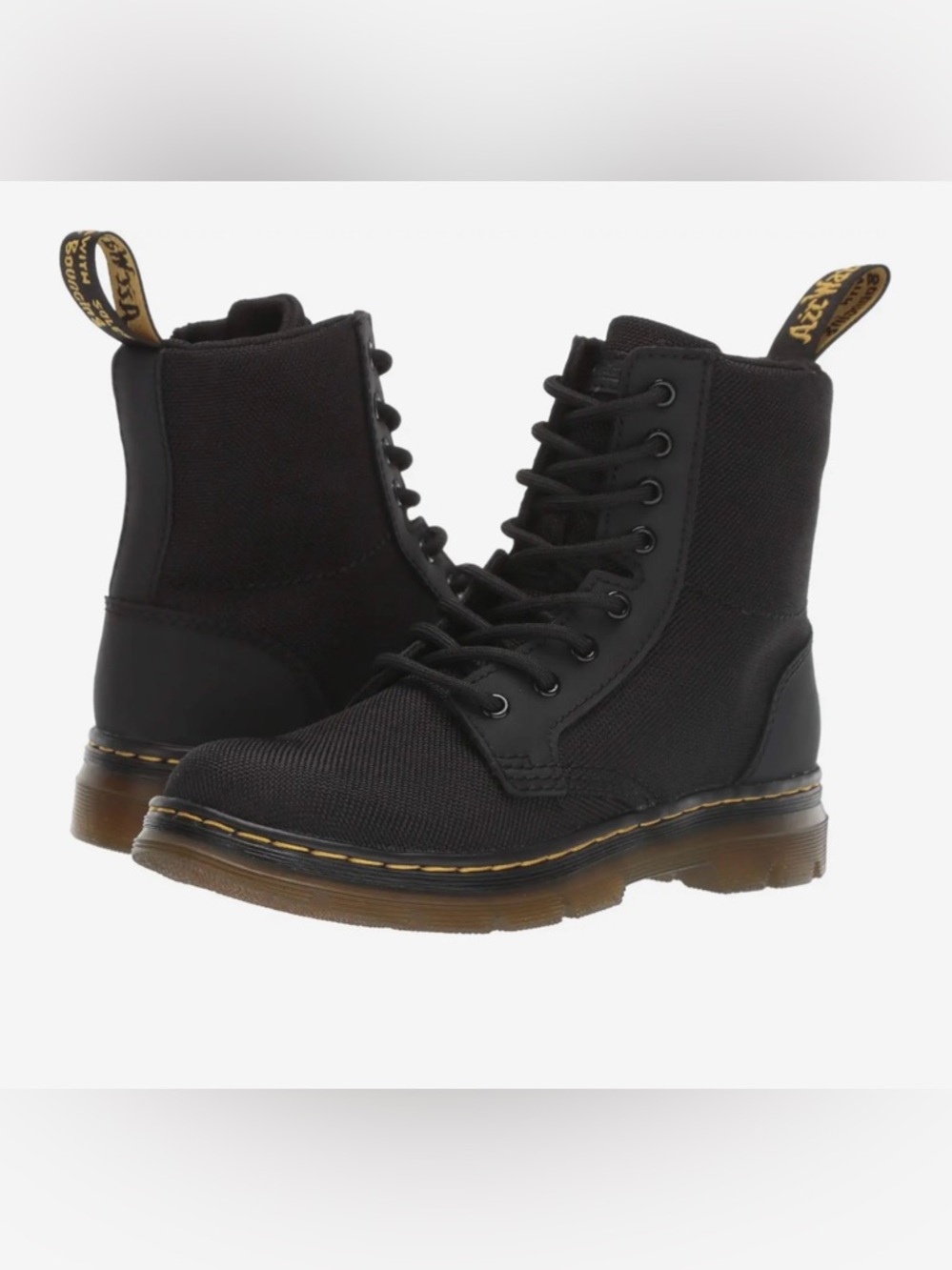 Dr. Martens Black Canvas Lace-Up Ankle Boots with Yellow Welt Stitching